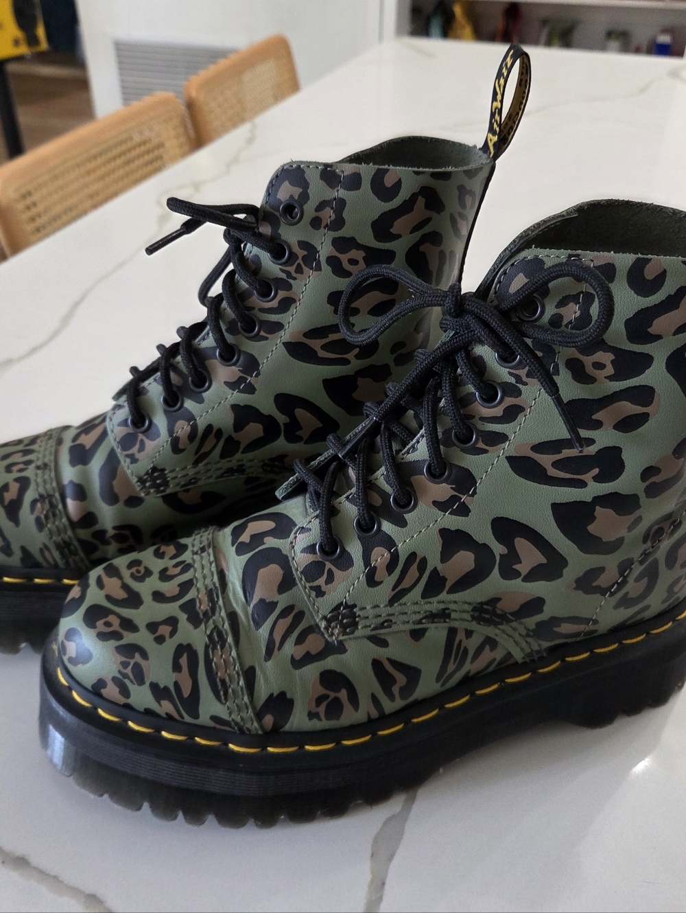 Dr. Martens Olive and Black Leopard Print Platform Combat Boots - Picture 3 of 7